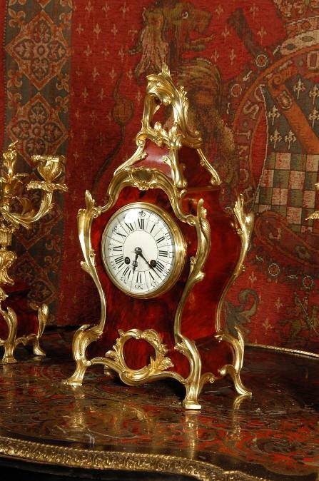 fig 3. ***** SOLD ***** Rococo Red Veneer and Ormolu Clock Set by Japy Freres French - Circa 1880 